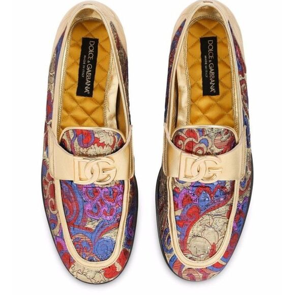 Dolce & Gabbana Shoes - DOLCE & GABBANA Multicolor Jacquard Gold-Tone DG Logo Slip-On Loafers Si…
